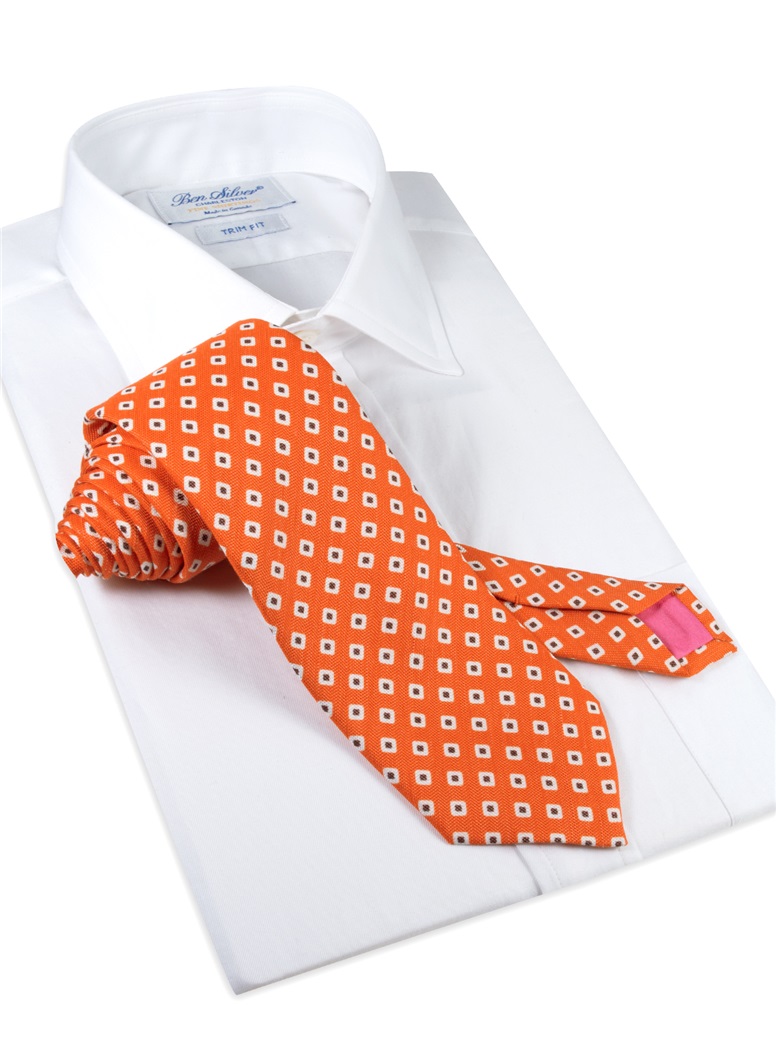 Silk and Linen Square Motif Printed Tie in Tangerine