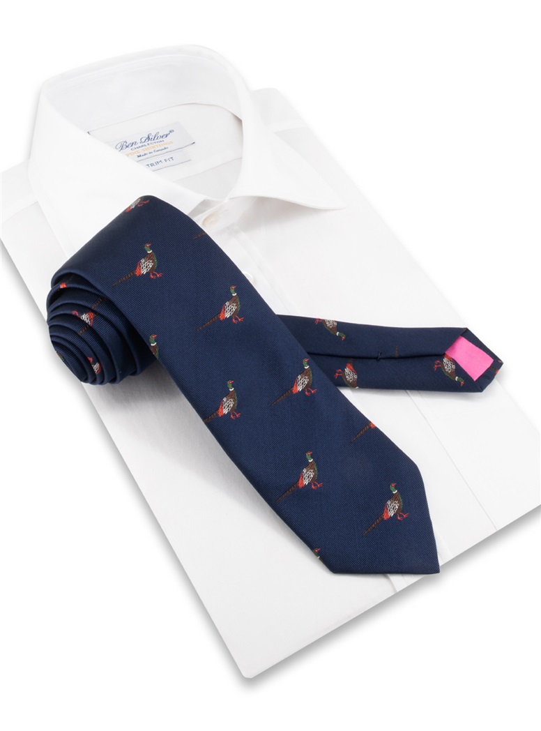 Silk Woven Pheasant Motif Tie in Navy