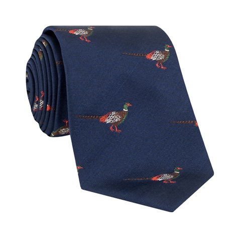 Silk Woven Pheasant Motif Tie in Navy