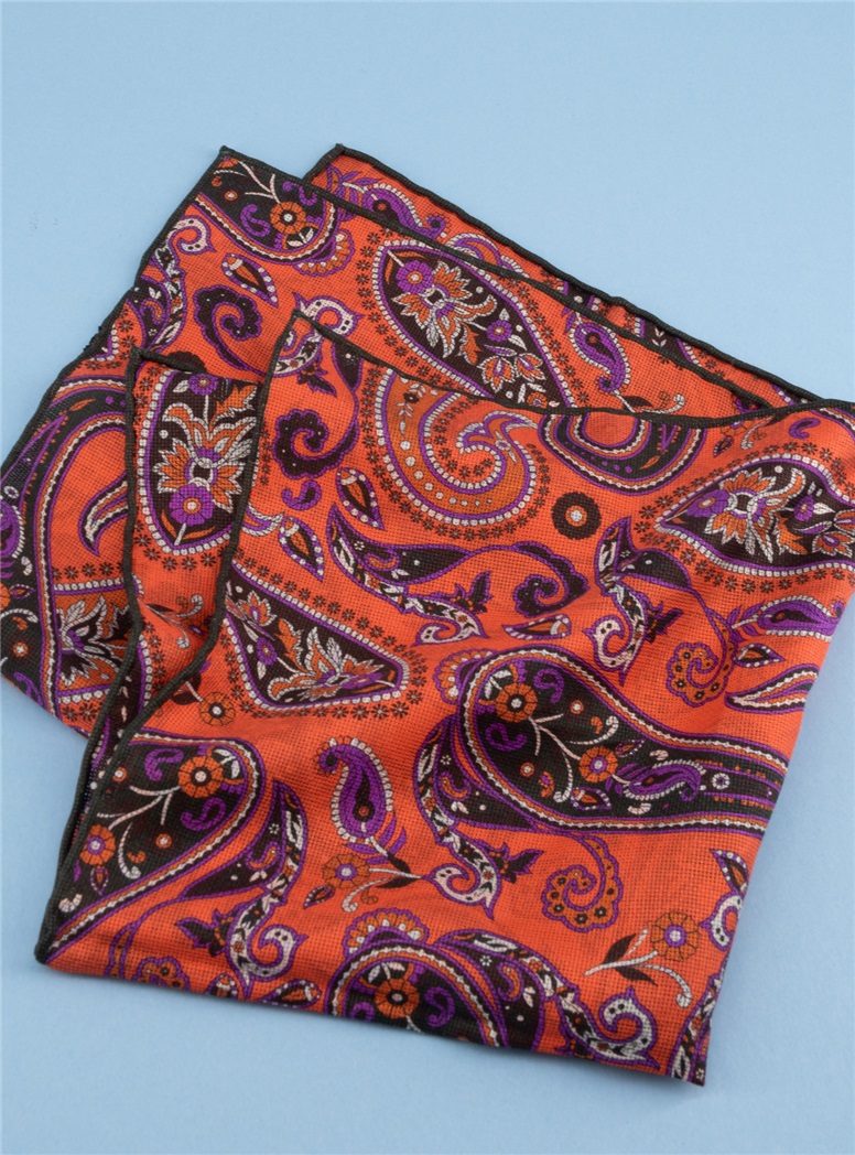 Silk Printed Paisley Pocket Square in Orange