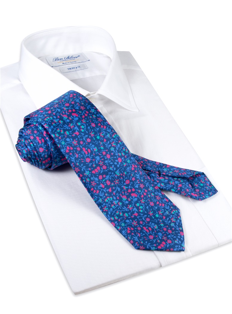 Silk Floral Printed Tie in Navy