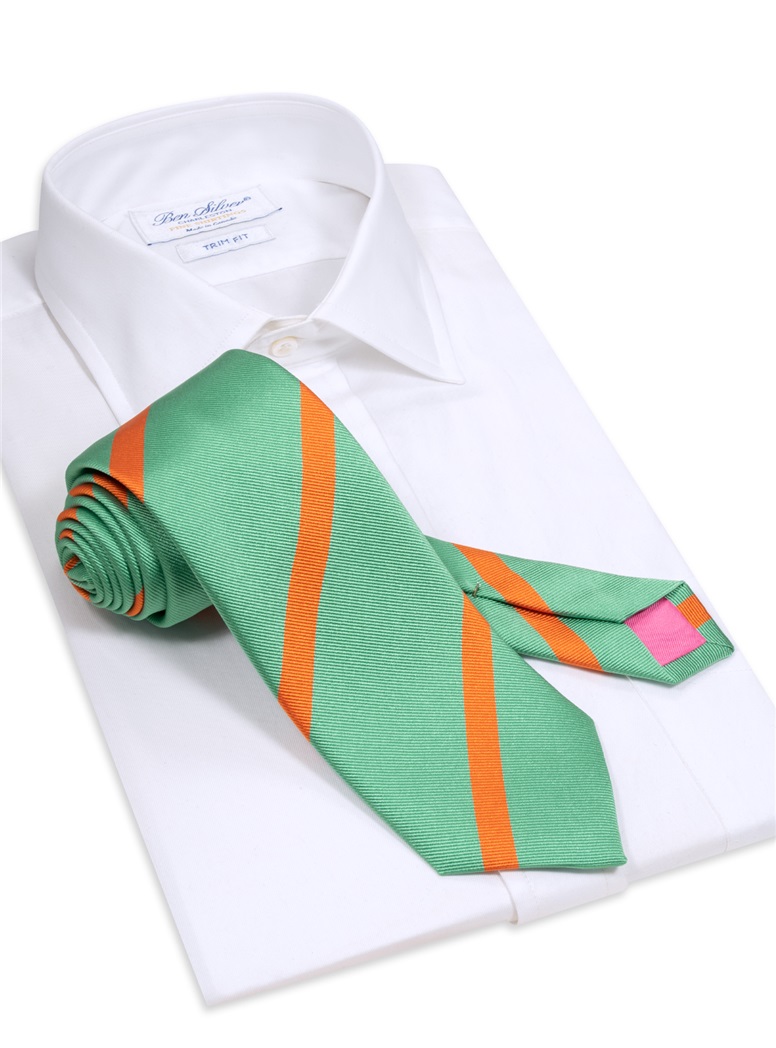 Silk Bar Striped Tie in Sea Green with Tangerine