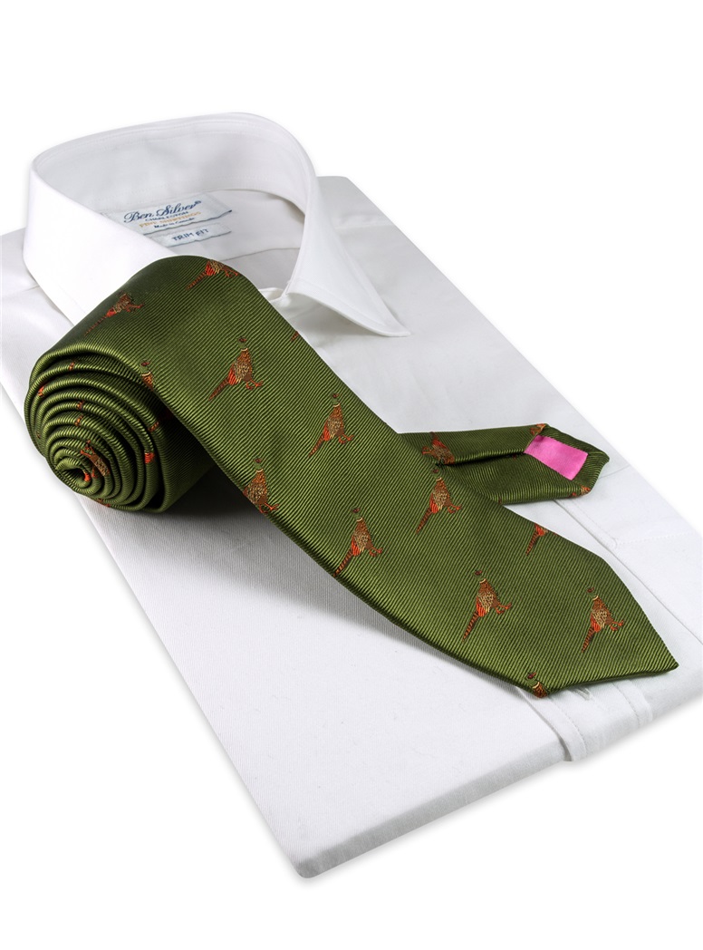 Silk Woven Pheasant Motif Tie in Fern