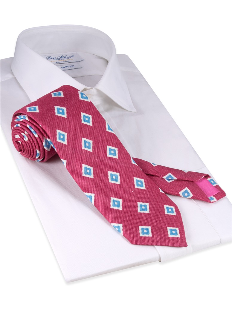 Silk and Linen Diamond Motif Tie in Azalea