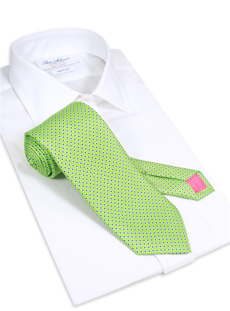 Silk Printed Dots Tie in Lime with Royal Blue