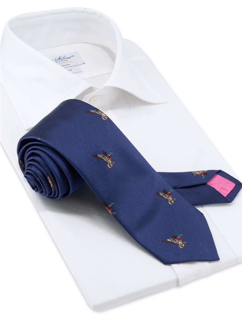 Silk Woven Duck Motif Tie in Navy