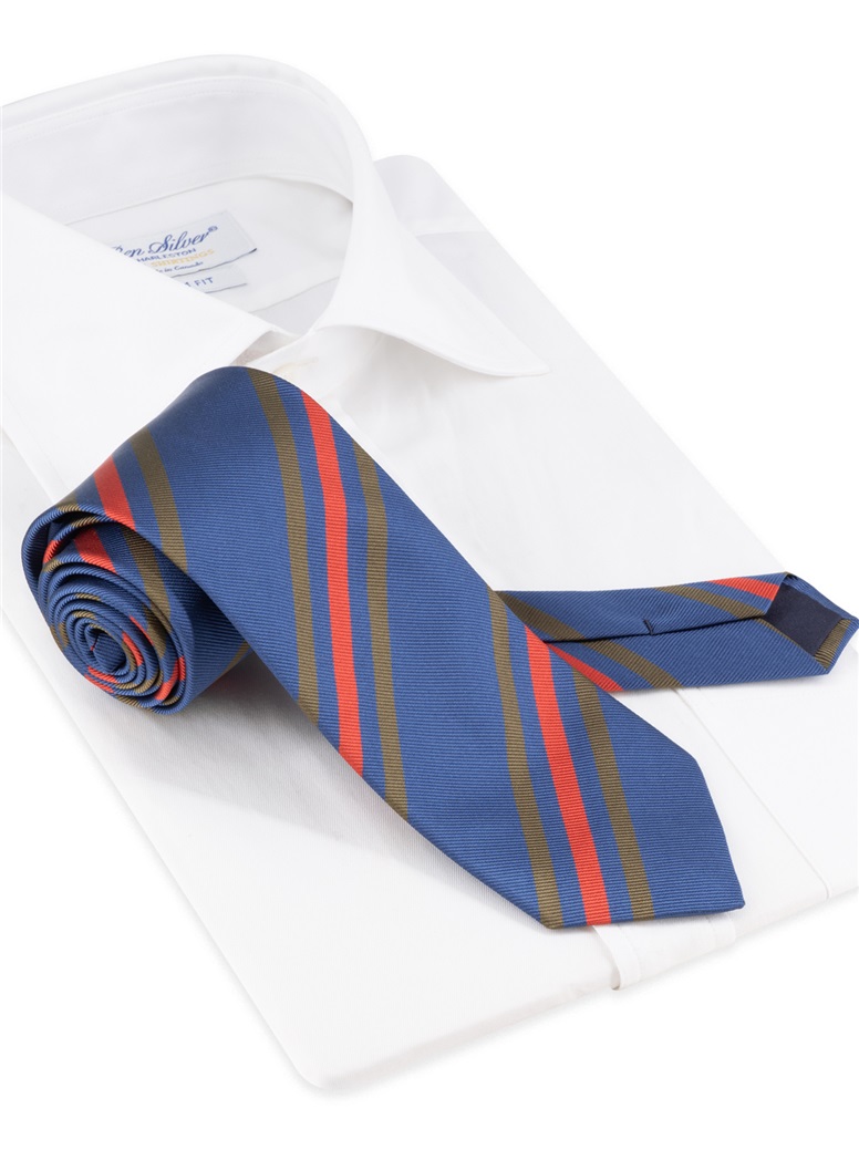 Three Striped Silk Tie in Marine with Fire
