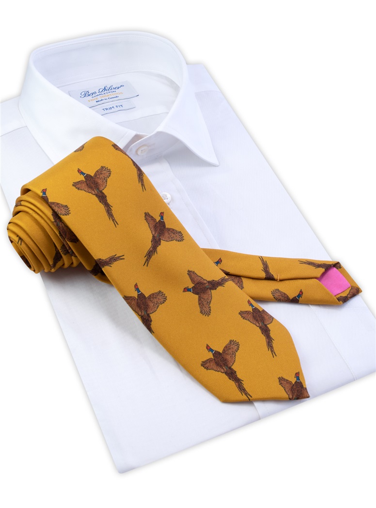 Silk Printed Pheasant Tie in Gold