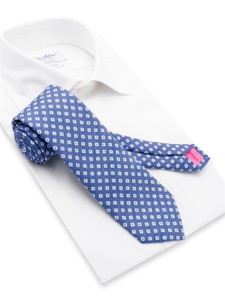 Silk and Linen Diamond Printed Tie in Denim