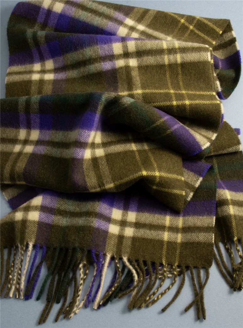 Cashmere Plaid Scarf in Olive and Purple