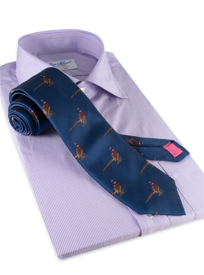 Silk Woven Pheasant Motif Tie in French Blue