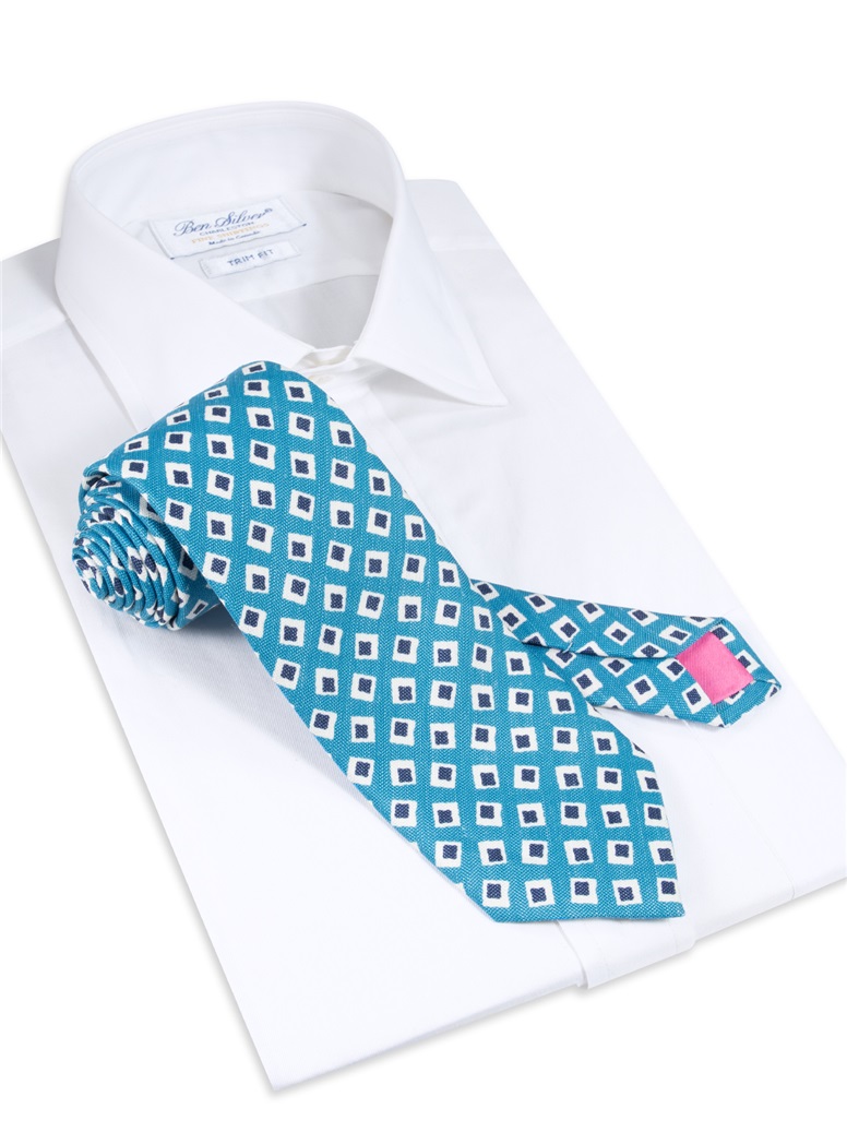 Silk and Linen Diamond Motif Printed Tie in Azure