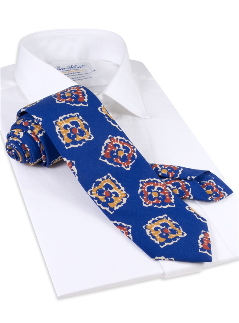 Silk Print Floral Tie in Royal Blue