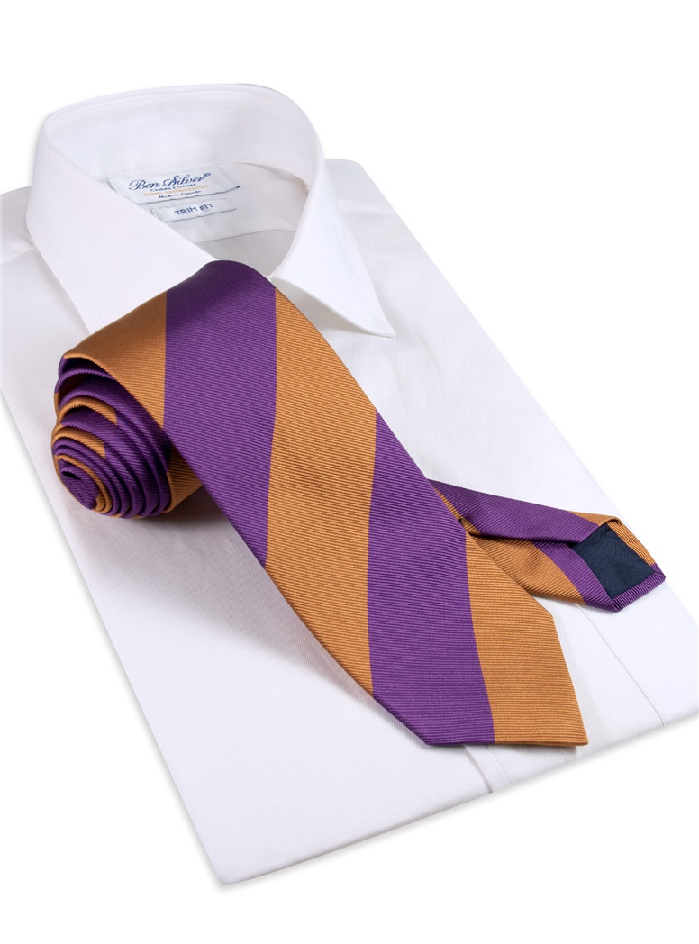 Silk Block Stripe Tie in Violet and Gold