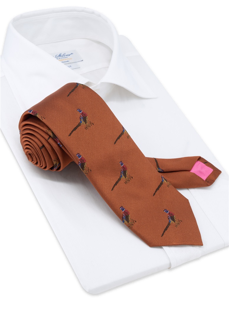 Silk Woven Pheasant Motif Tie in Bronze