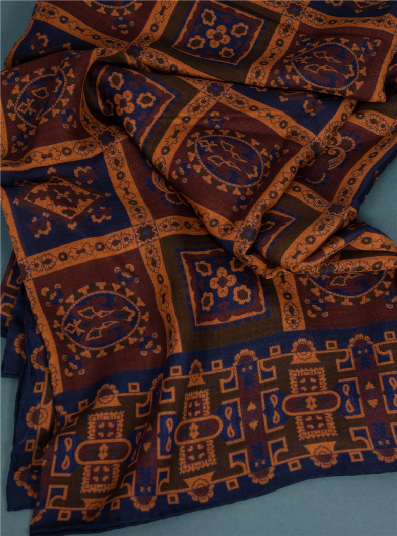 Wool and Silk Printed Scarf in Burgundy and Amber