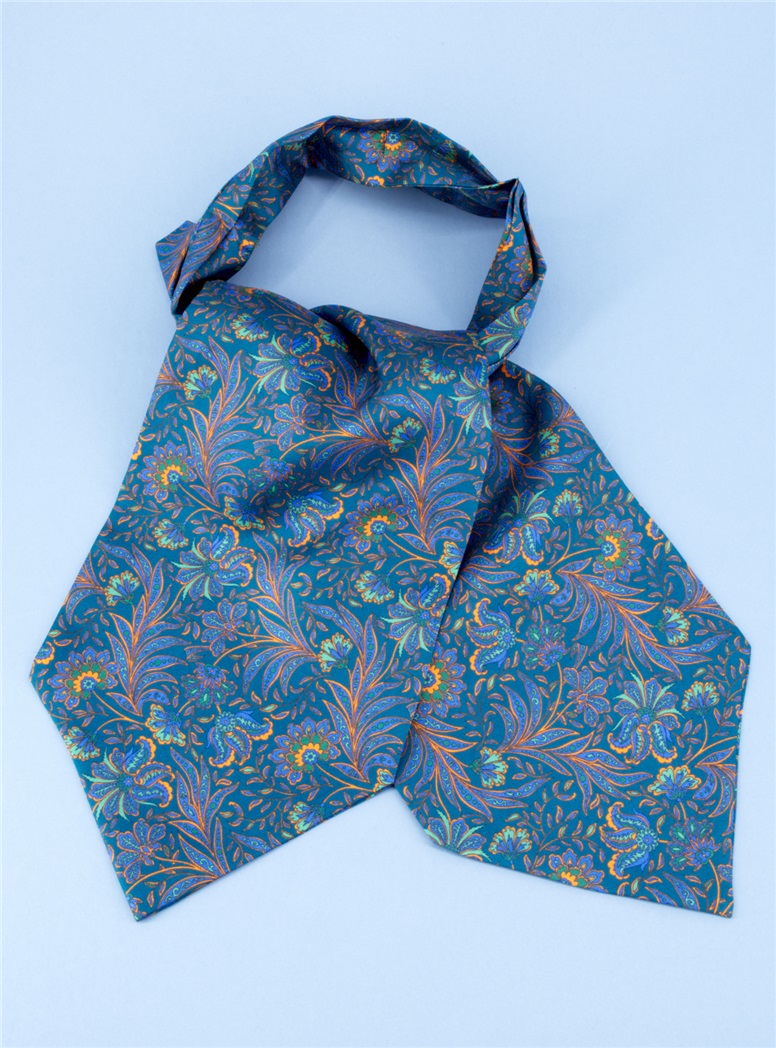 Silk Printed Floral Ascot in Teal