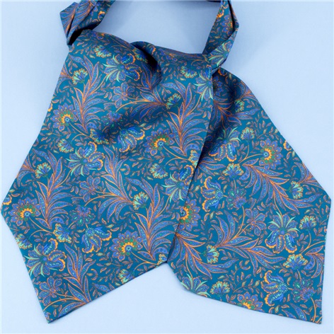 Silk Printed Floral Ascot in Teal