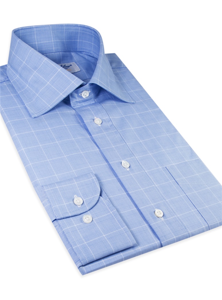 Sky and White Glen Plaid Spread Collar with White Windowpane