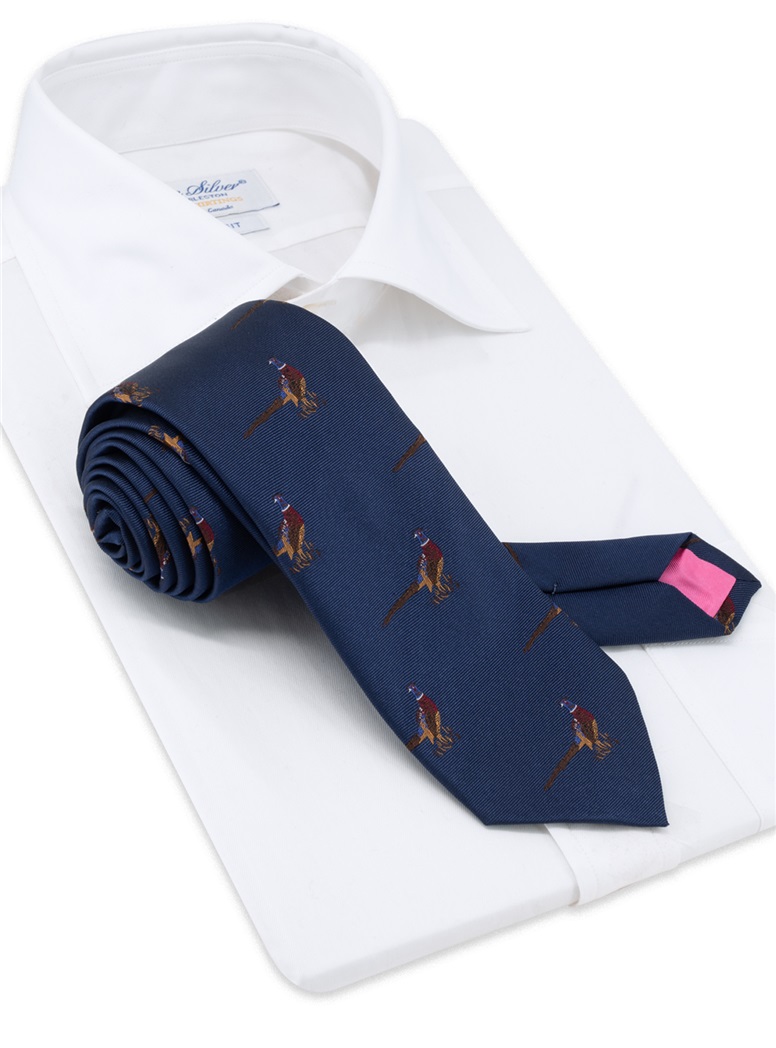 Silk Woven Pheasant Motif Tie in Navy