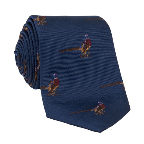 Silk Woven Pheasant Motif Tie in Navy