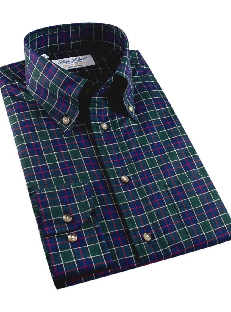 Green, Navy and Magenta Plaid Button Down