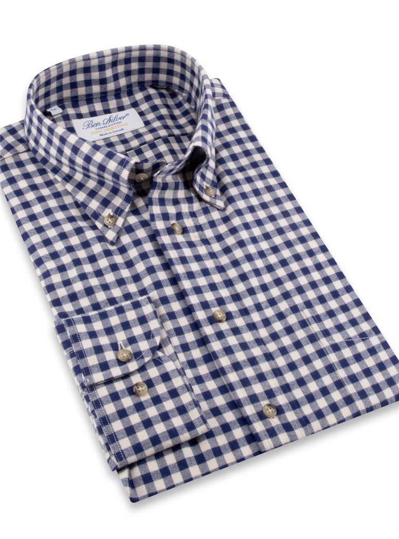 Navy Gingham Brushed Cotton Button Down