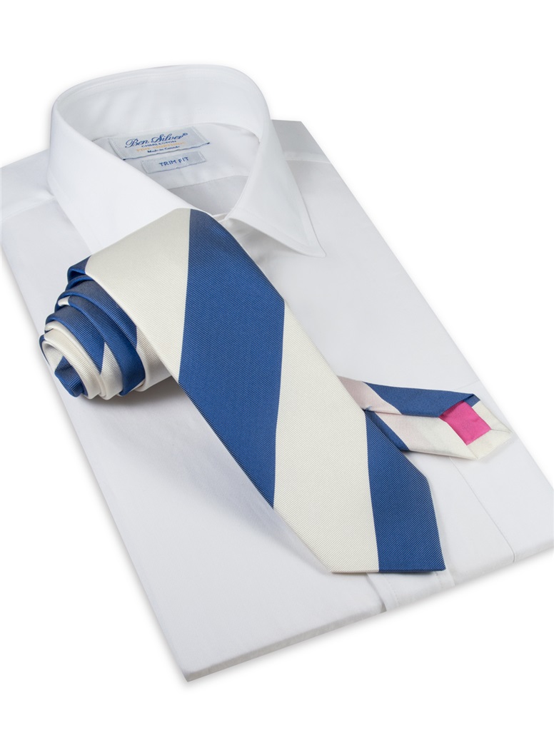 Silk Block Stripe Tie in Denim and White