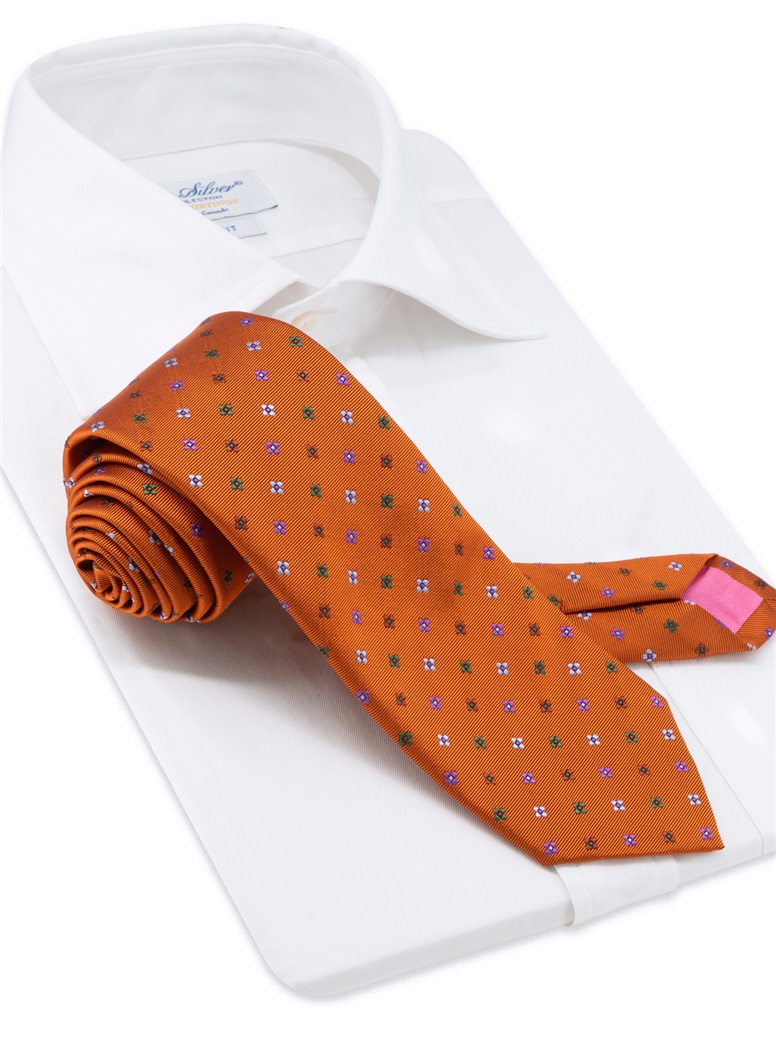Silk Neat Print Woven Tie in Tangerine
