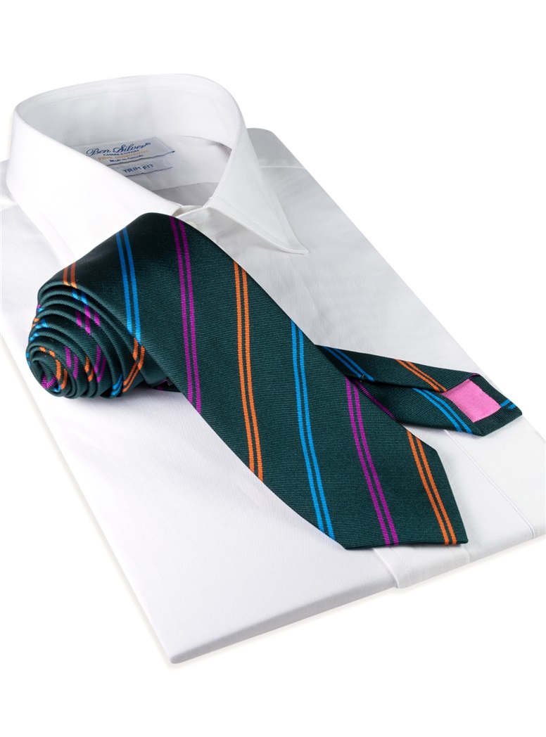 Silk Double Stripe Tie in Forest