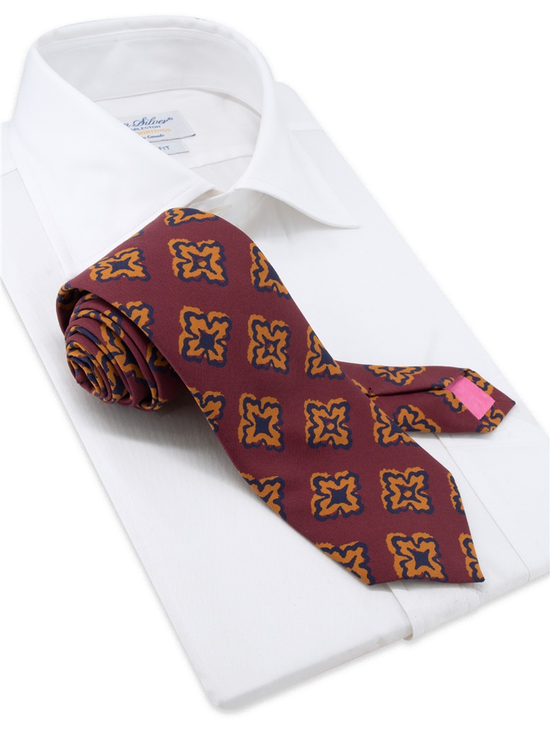 Silk Printed Medallion Motif Tie in Claret