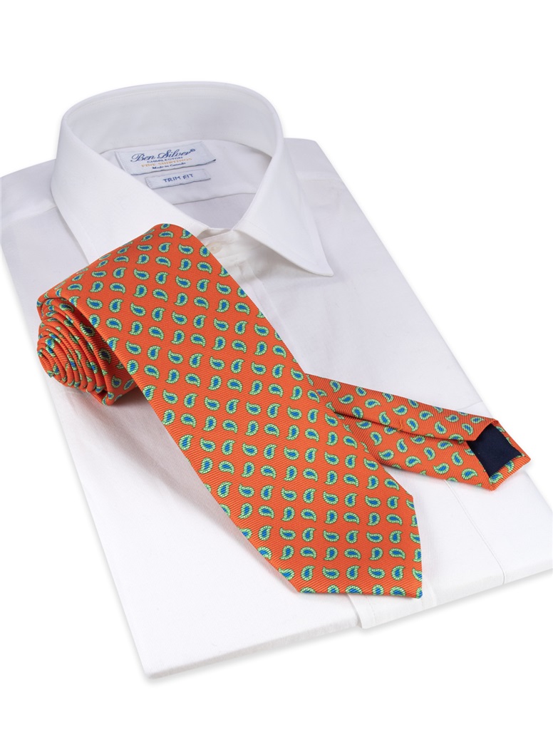 Silk Printed Paisley Tie in Tangerine