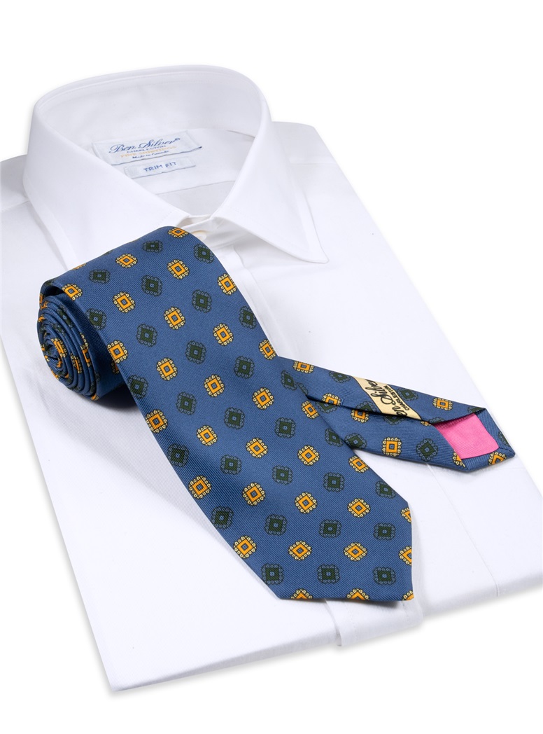 Silk Printed Square Motif Tie in Royal Blue