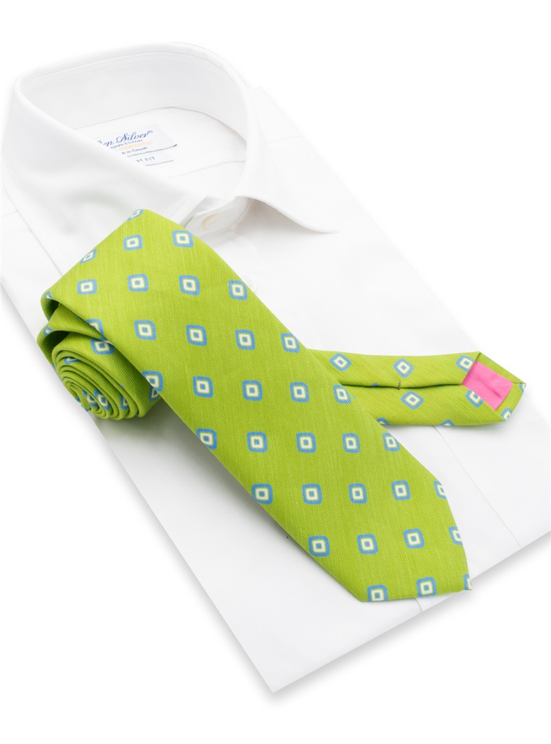 Silk and Linen Diamond Printed Tie in Grass