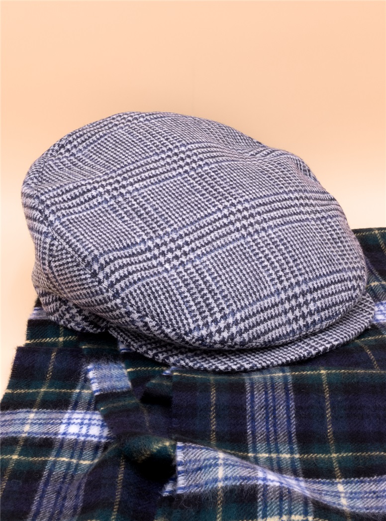 Wool Helmsley Motoring Cap in Blue & Cloud Grey Glen Plaid