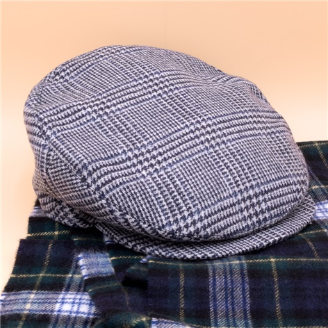 Wool Helmsley Motoring Cap in Blue & Cloud Grey Glen Plaid