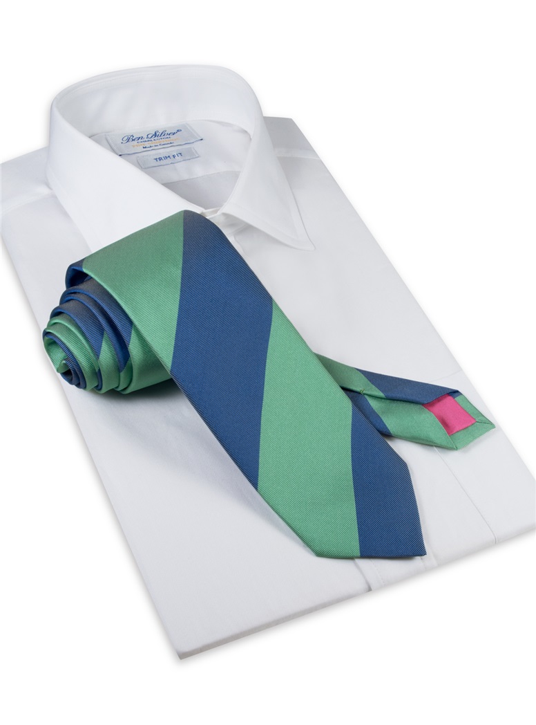 Silk Block Stripe Tie in Sage and Denim