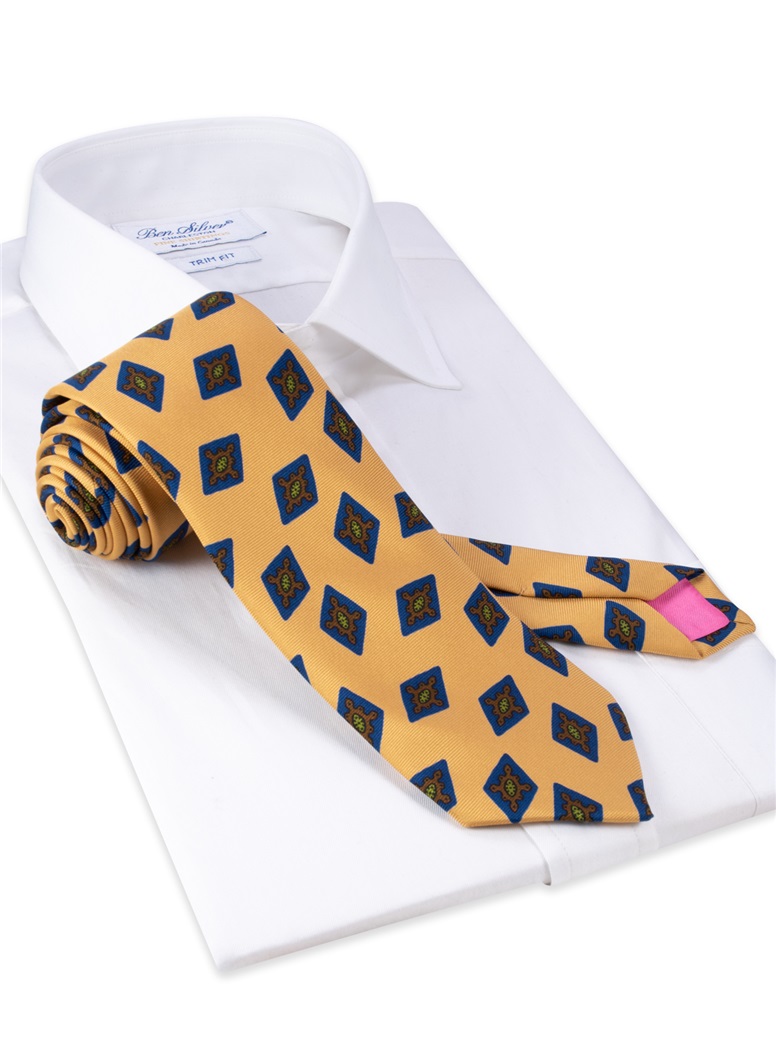 Silk Printed Diamond Motif Tie in Marigold - The Ben Silver Collection