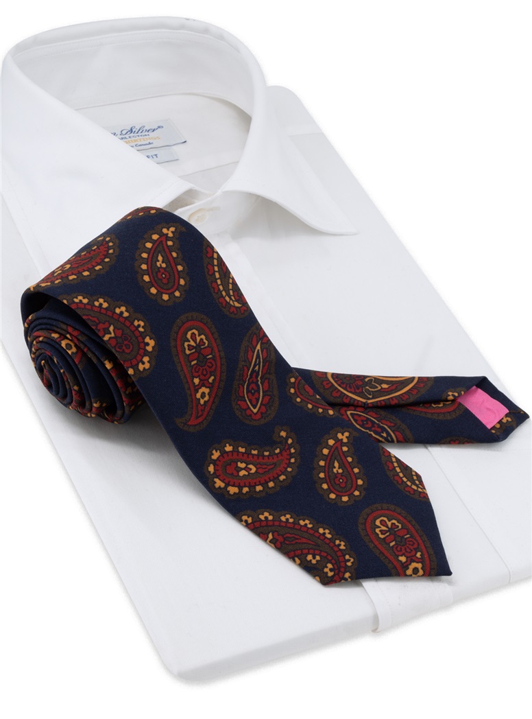 Wool Large Printed Paisley Tie in Navy