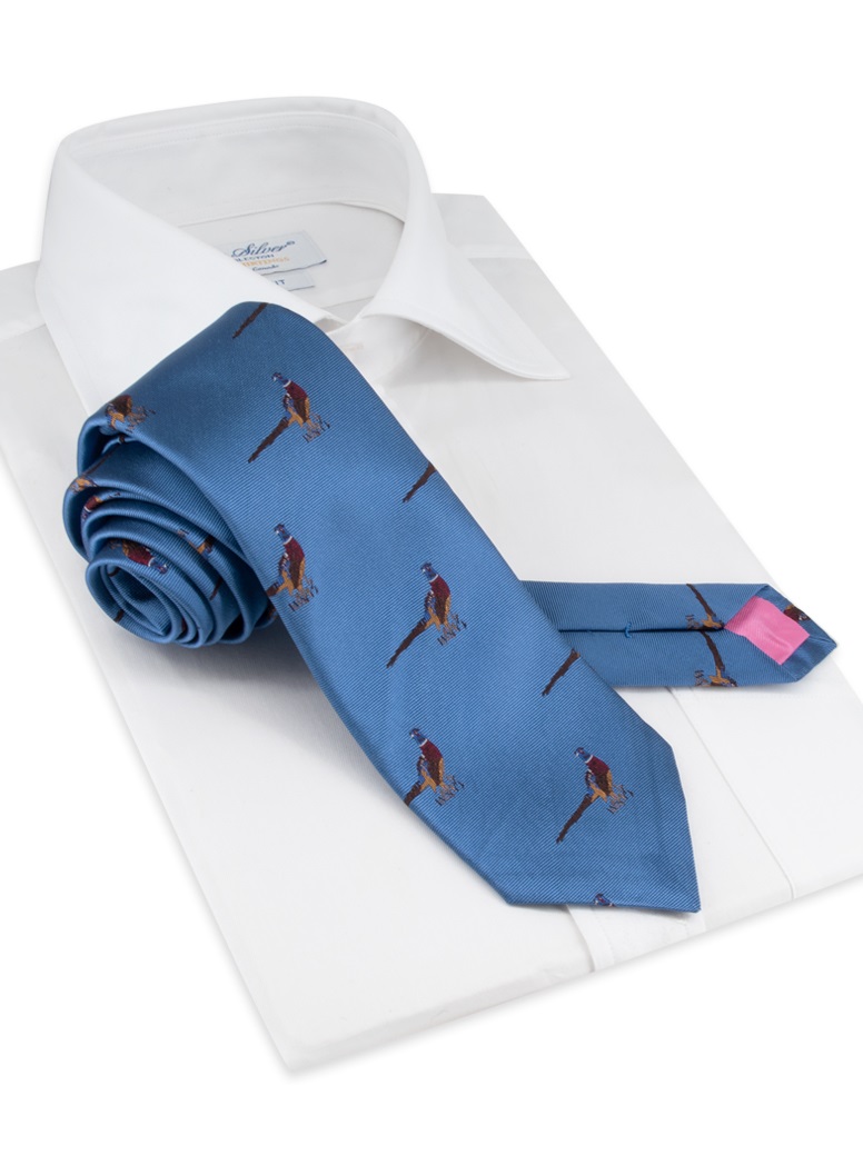 Silk Woven Pheasant Motif Tie in Cornflower