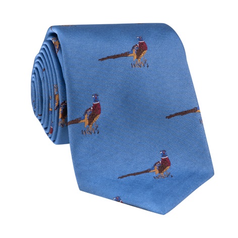 Silk Woven Pheasant Motif Tie in Cornflower