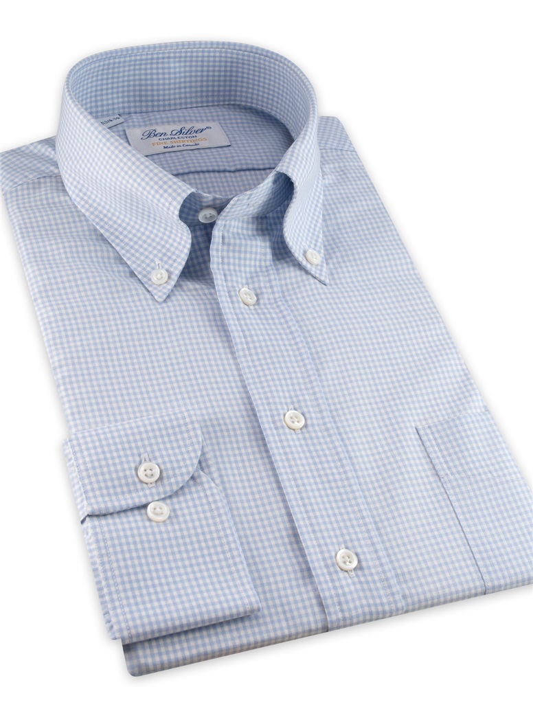 Blue and White Check Button Down in Cotton and Cashmere