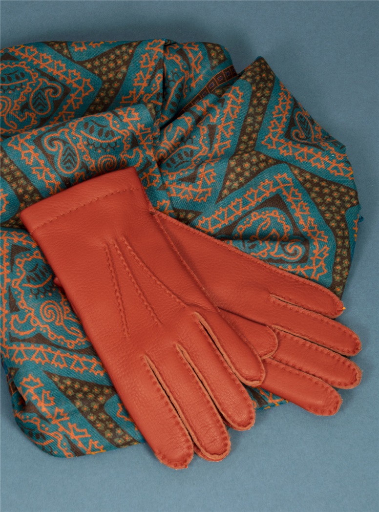 Cashmere Lined Deerskin Gloves in Orange