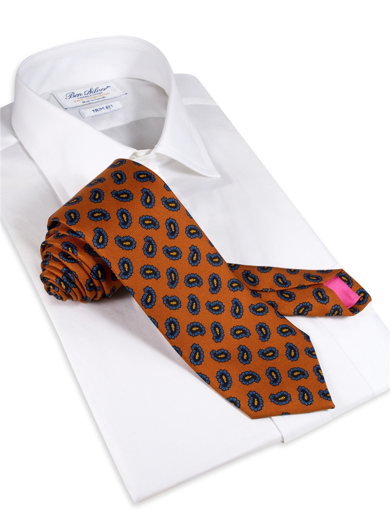 Silk Paisley Printed Tie in Tangerine
