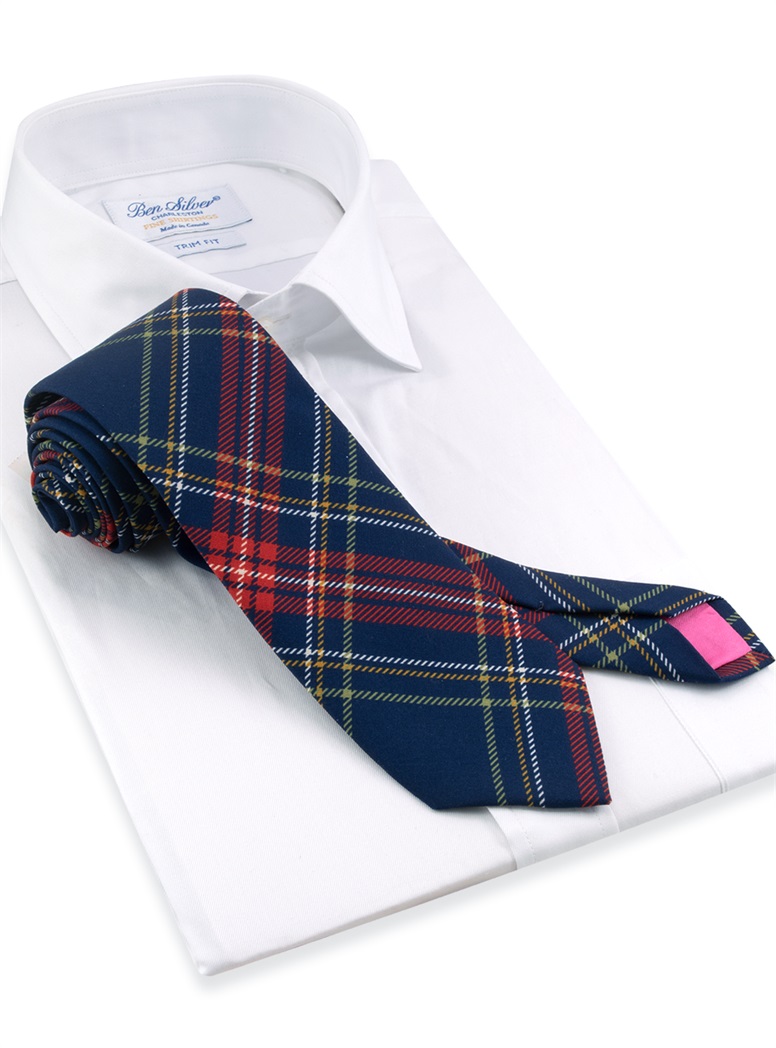 Silk Tartan Printed Tie in Navy