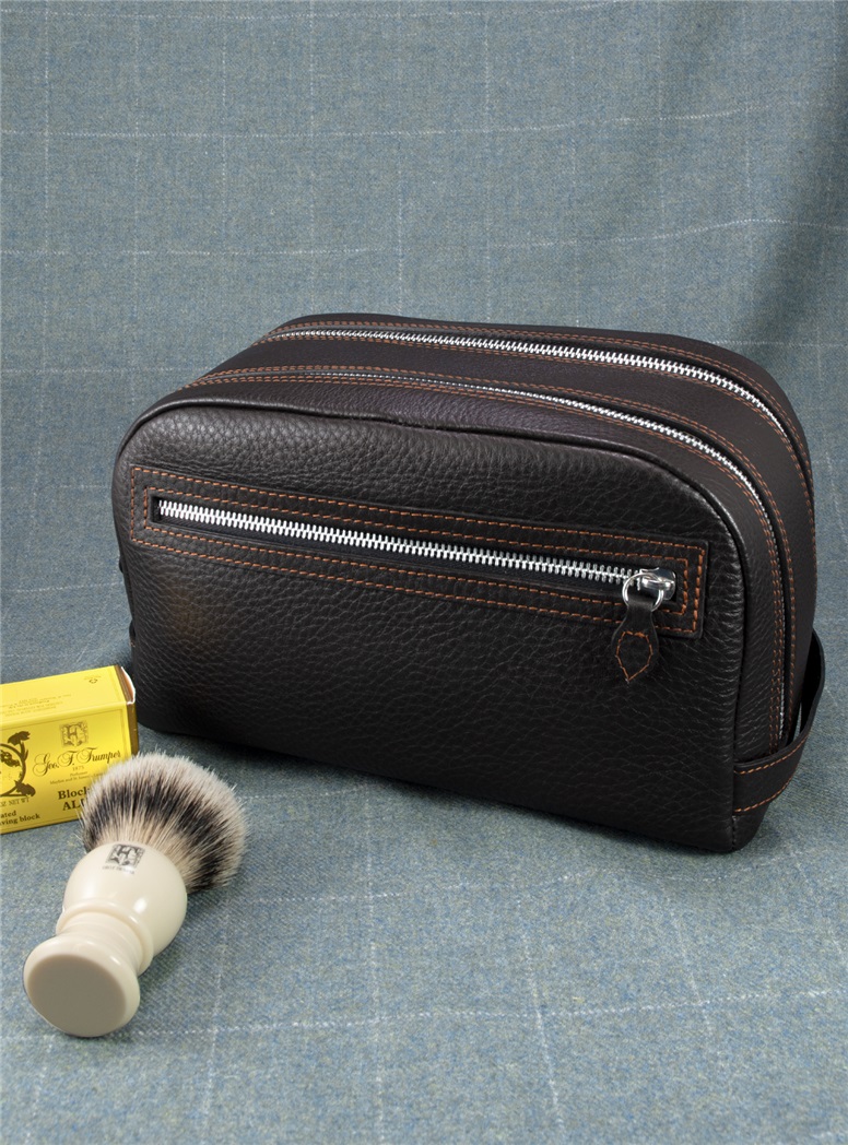 Leather Triple Zip Wash Bag in Dark Brown