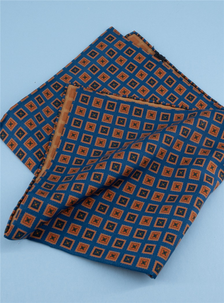 Silk Printed Square Motif Pocket Square in Cobalt