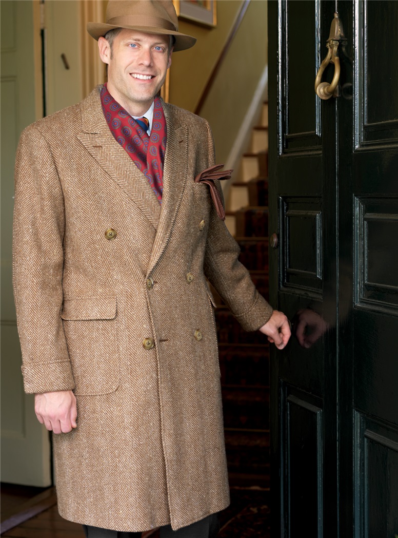 Cream and Tan Herringbone Tweed Polo Coat