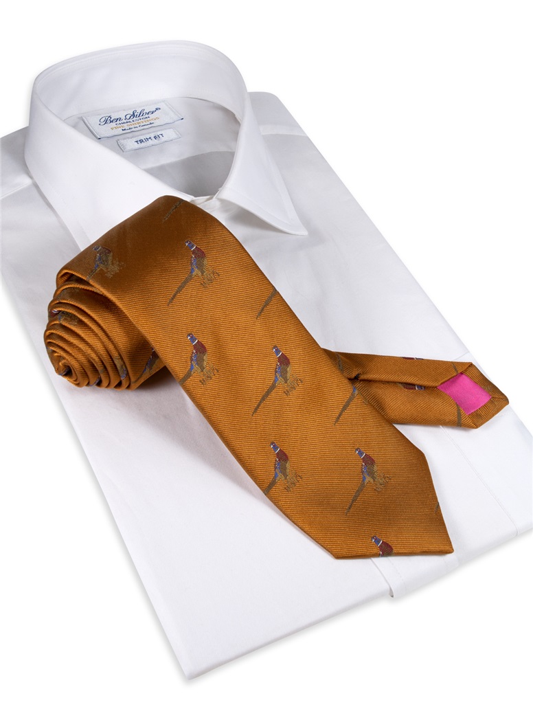 Jacquard Woven Pheasant Motif Tie in Amber