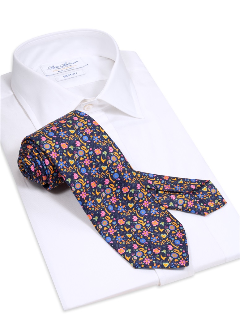 Silk Floral Printed Tie in Midnight